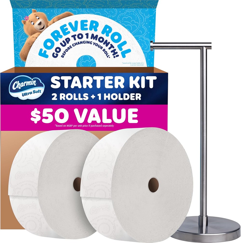 Charmin Forever Roll starter kit with two oversized rolls and stainless holder
