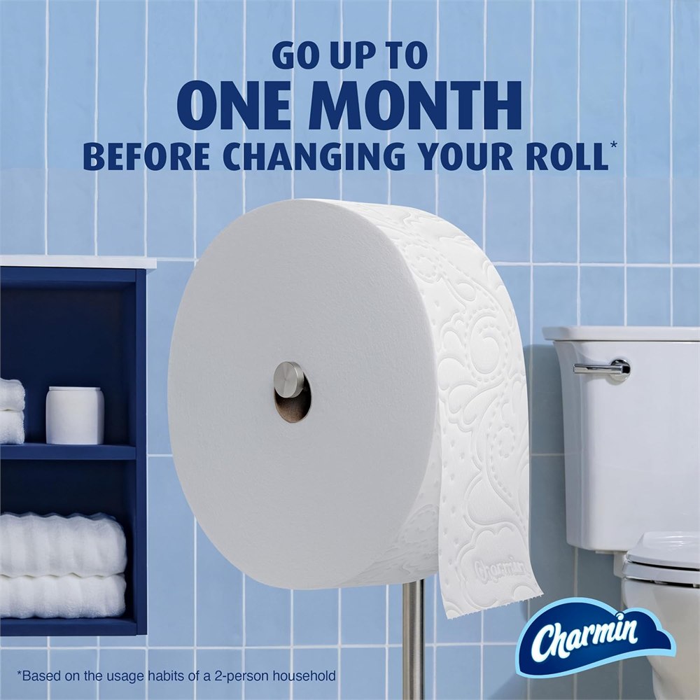 Oversized Charmin Forever Roll on a bathroom holder