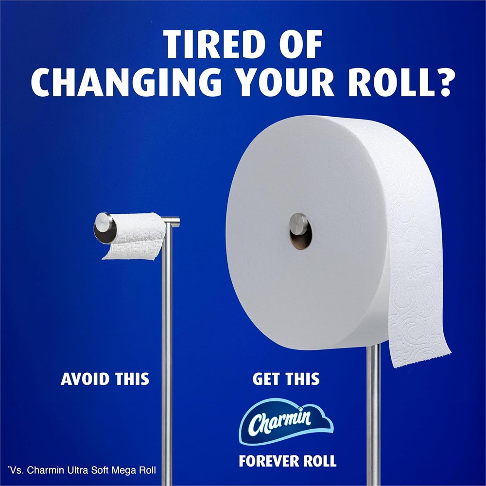 Charmin Forever Roll package and large bathroom tissue roll