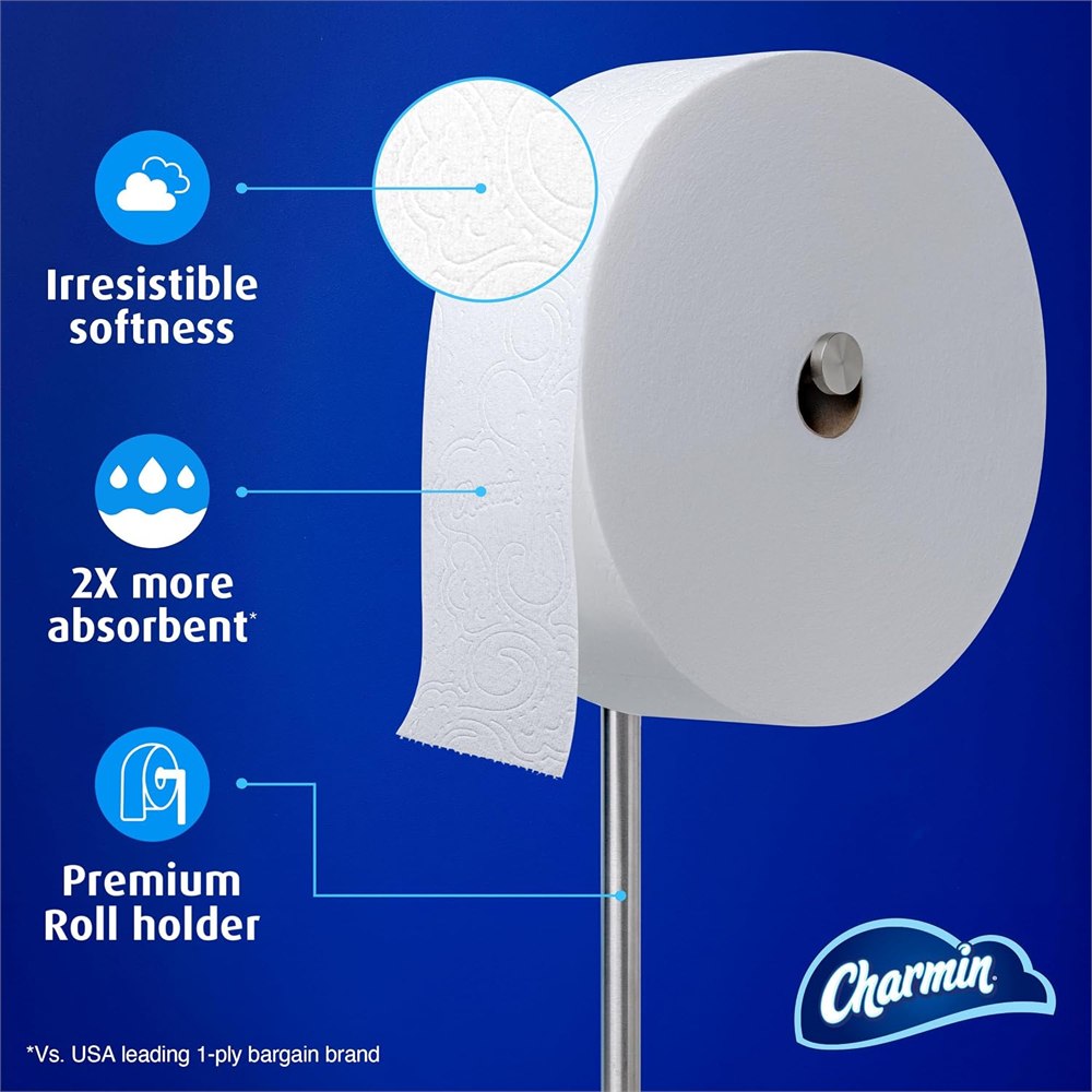 Large Charmin Forever Roll shown with bathroom scale details