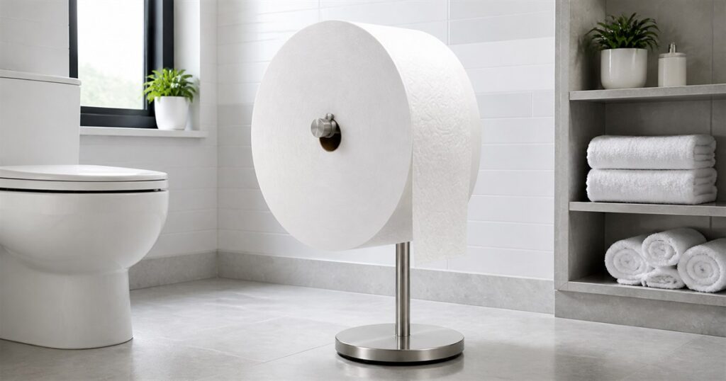 A giant toilet paper roll on a brushed stainless freestanding holder in a bathroom