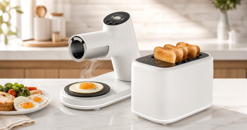 CHEFFY automated breakfast system with egg cooker and synced toaster on a kitchen counter