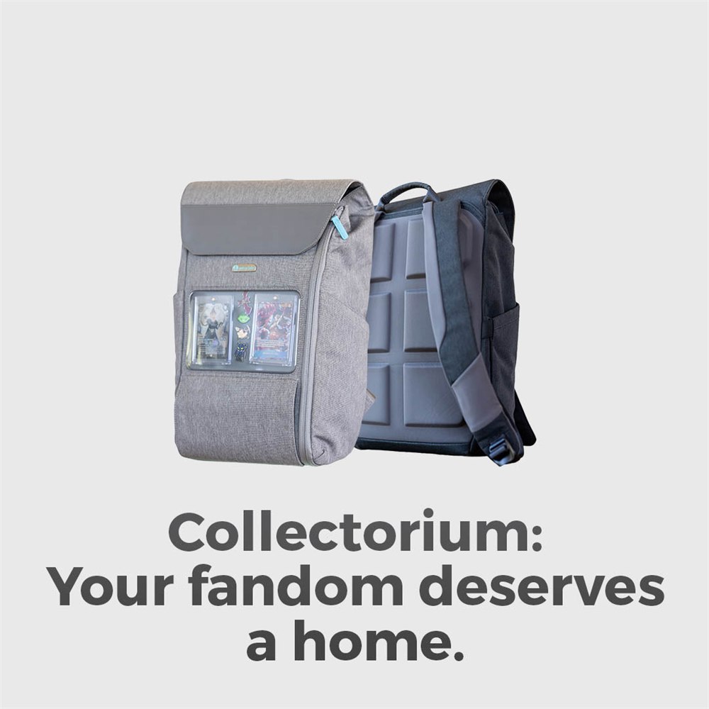 Collectorium backpack shown from the front and back with display windows for cards and pins