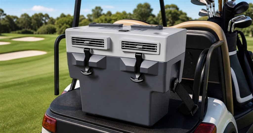 Generated editorial image of the Coolee Tour LX golf cart air conditioner and cooler