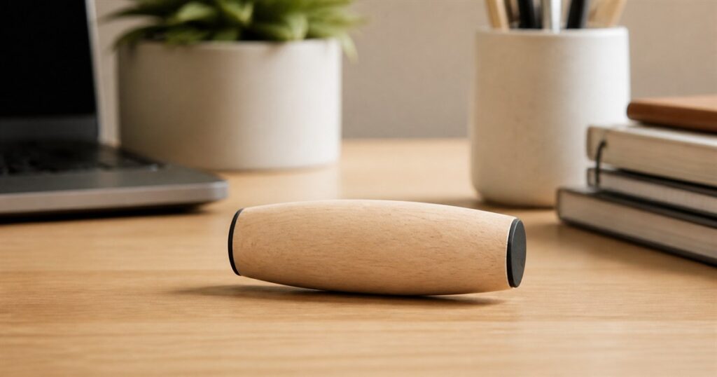 Wooden desk walker skill toy on a warm desktop