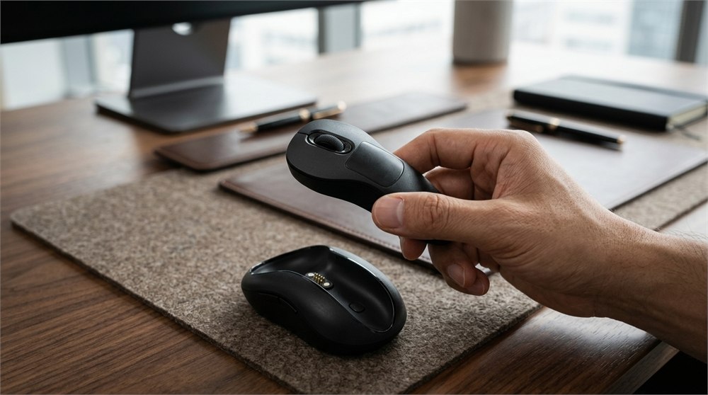 MBox DS21 handheld air controller detached from its ergonomic mouse base
