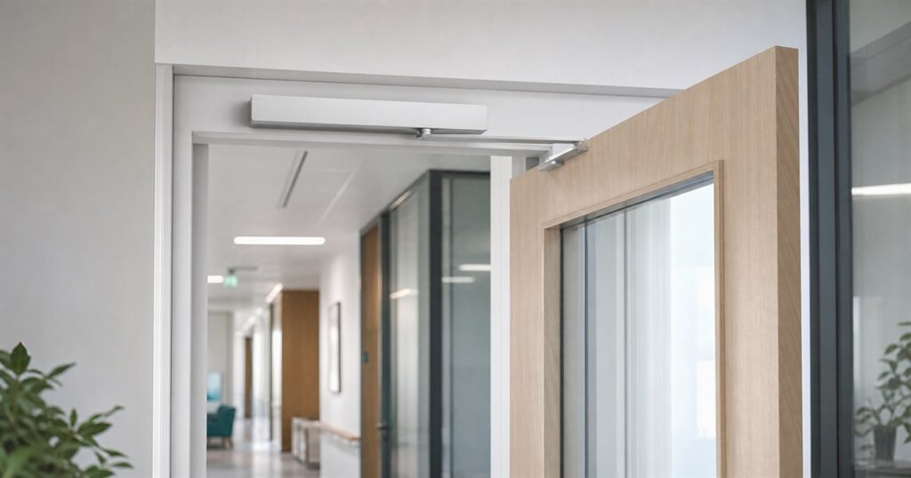 dormakaba EasyAssist smart door assistant installed above an interior door
