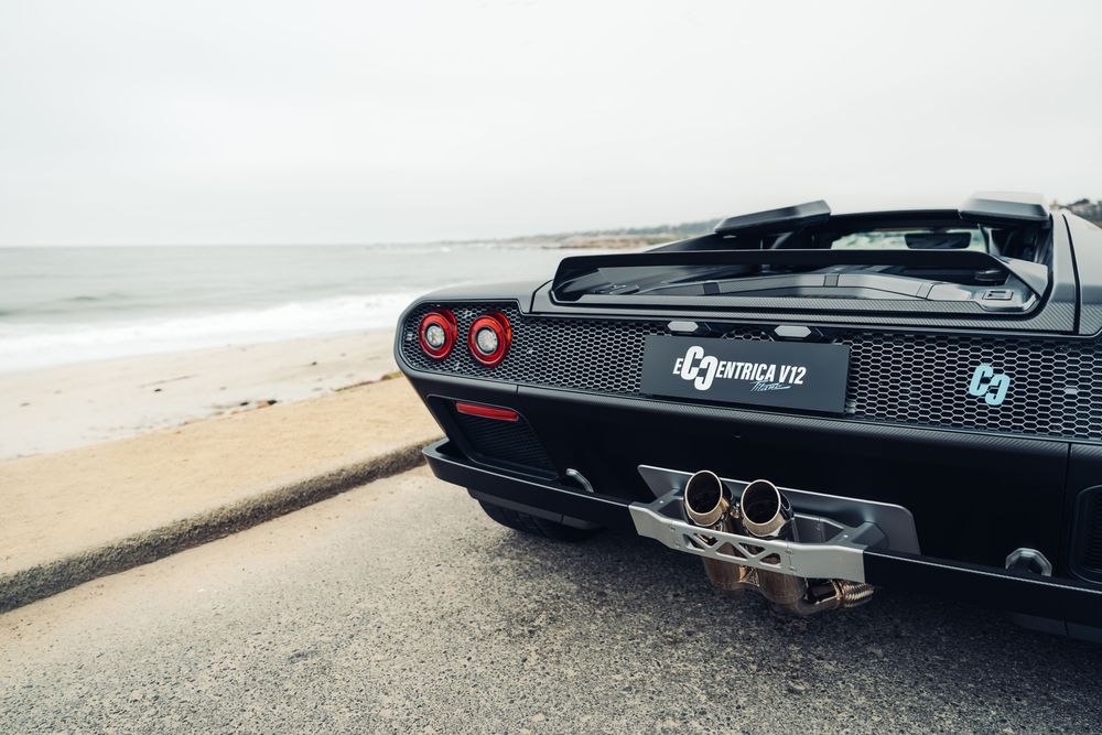 Rear detail of the Eccentrica V12 Roadster showing its exhaust and grille