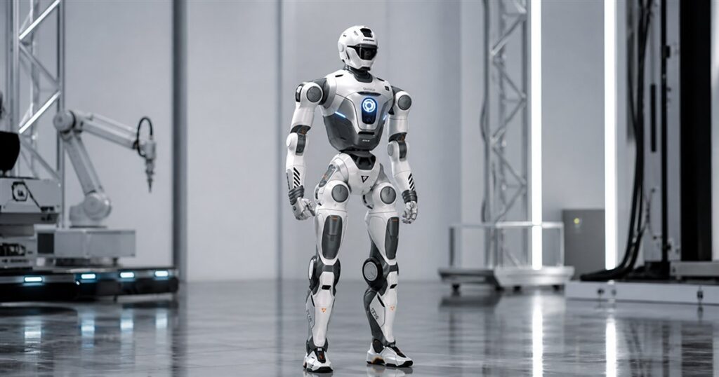 Generated no-text image of the EngineAI T800 humanoid robot in a robotics studio