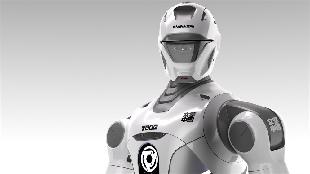 Close view of the EngineAI T800 humanoid robot head and torso