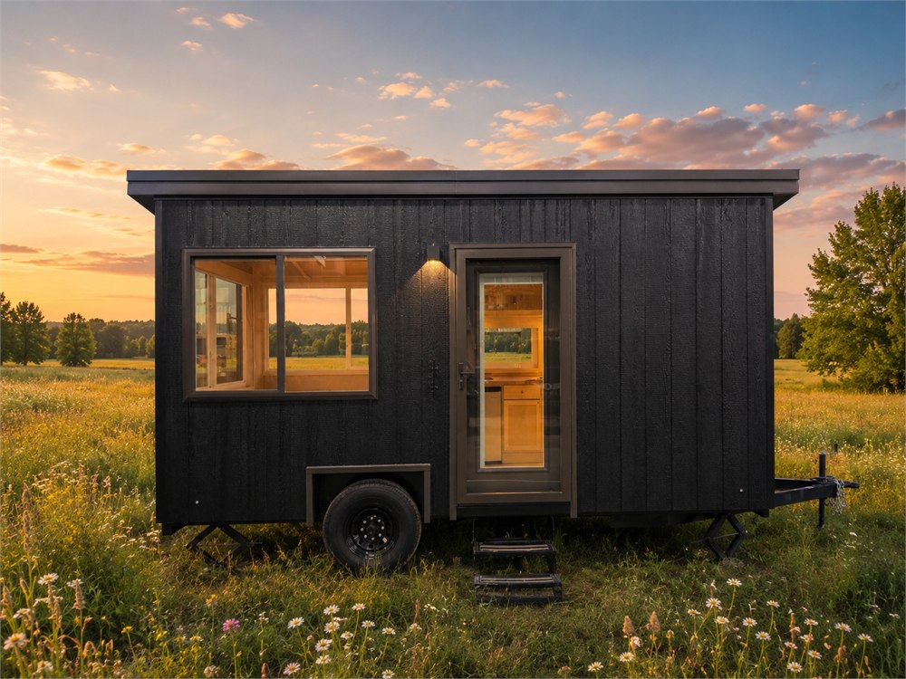 Exterior view of the black Escape eBoho Go tiny house on its trailer