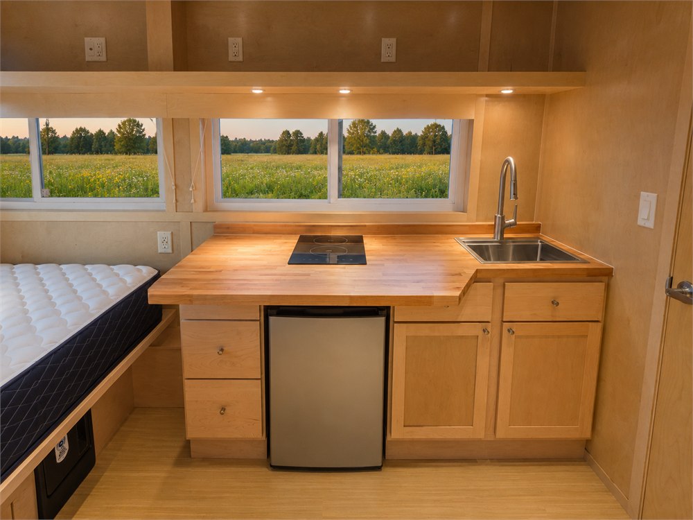 Kitchen and sleeping area inside the Escape eBoho Go tiny house