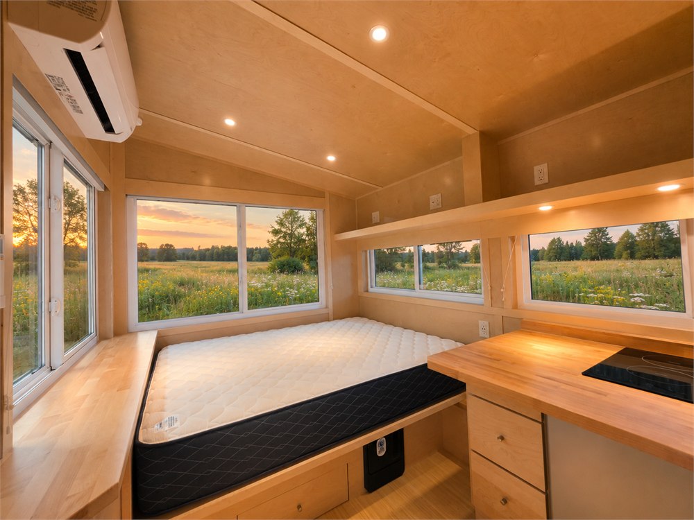 Queen bed and built-in storage inside the Escape eBoho Go