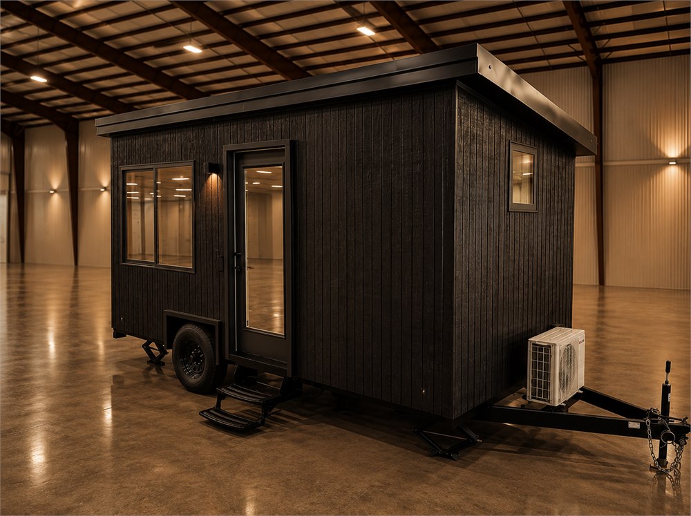 Nighttime exterior view of the Escape eBoho Go tiny house