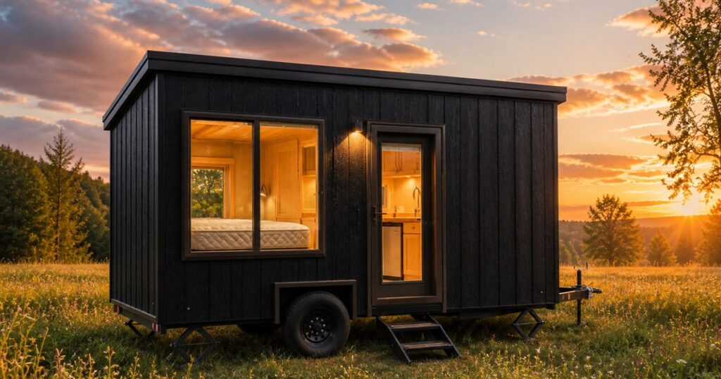 The Escape eBoho Go black all-electric tiny house parked at sunset