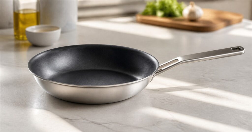 BARE Cookware Everpan titanium-surface frying pan on a bright kitchen counter