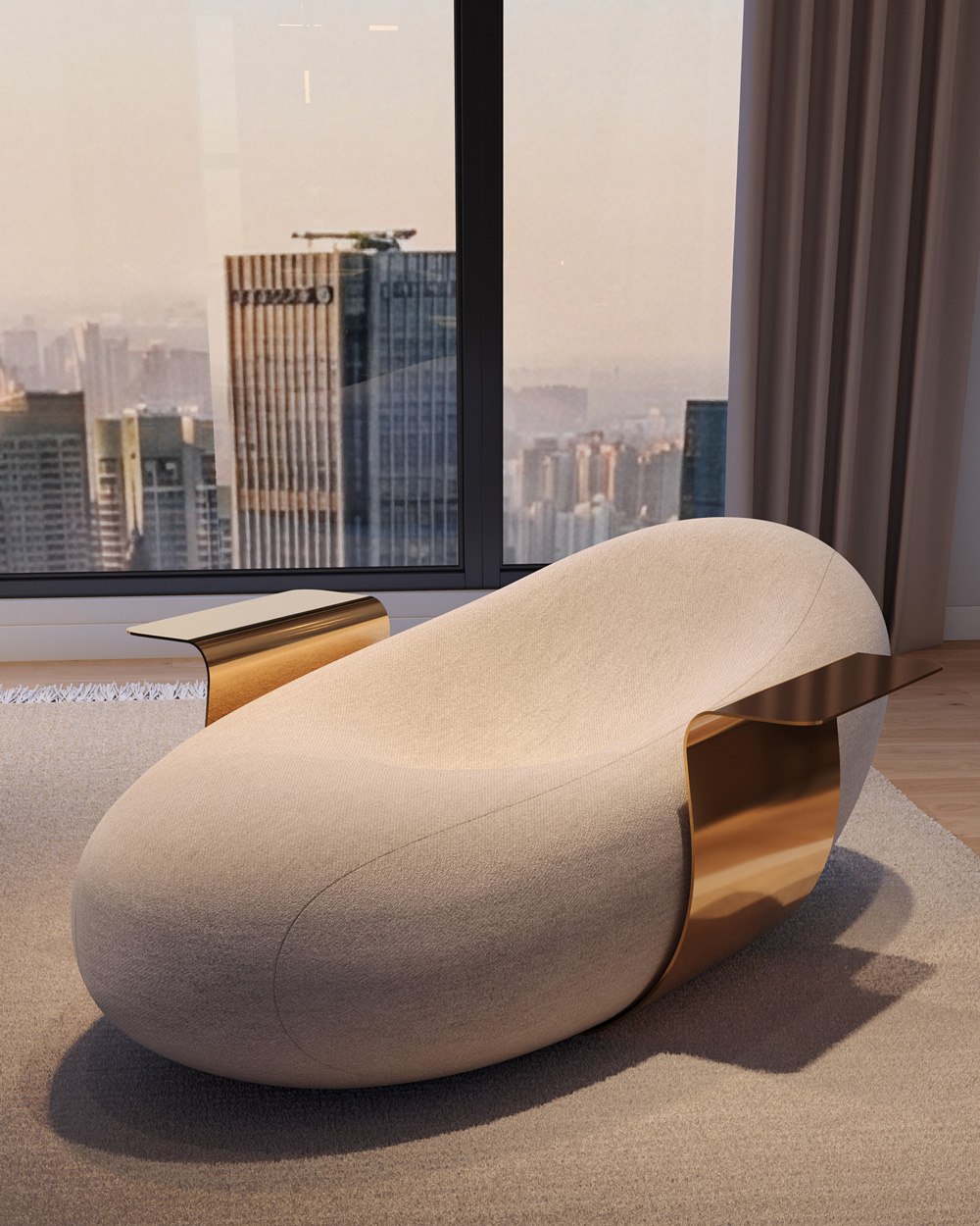 Fagiolo lounge chair with black bent metal band and soft rounded seat