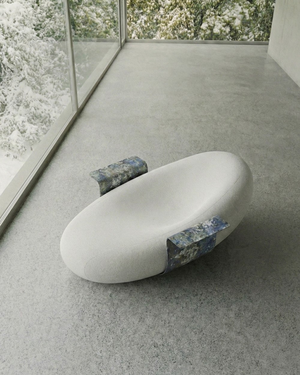 Fagiolo lounge chair showing the bent metal side surface for a drink or phone