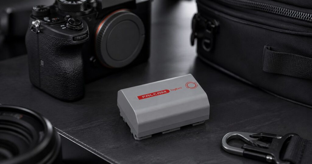 FALCAM TagBatt Find My camera battery on a photography table