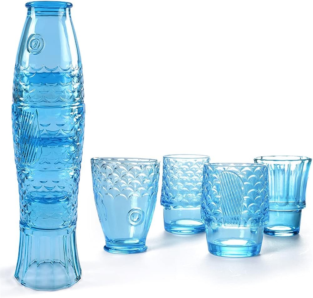 MDLUU stackable fish tumbler glasses arranged as a tall blue glass fish with individual cups beside it