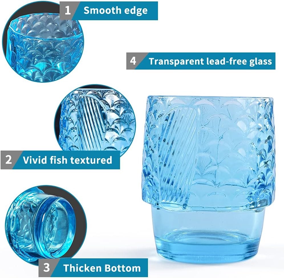 Close-up official detail image showing the smooth rim, fish texture, thick bottom, and transparent lead-free glass notes for the MDLUU tumbler