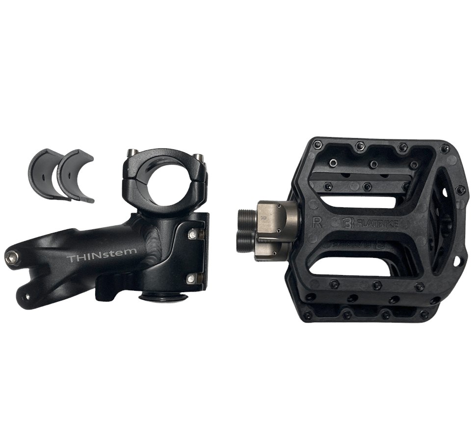 Close product view of the hinged THINstem and removable Flatbike pedal
