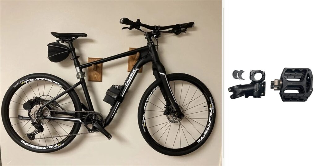 Full-size bicycle beside the Flatbike folding stem and removable pedal components
