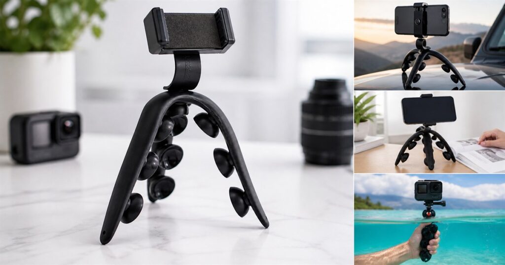 Tenikle 360 flexible suction cup tripod holding a phone on a tabletop