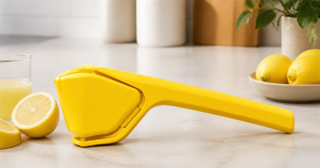 Dreamfarm Fluicer fold-flat citrus juicer on a kitchen counter with lemons