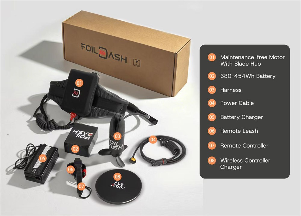 Foildash assist kit components including harness, cable, charger, and controller