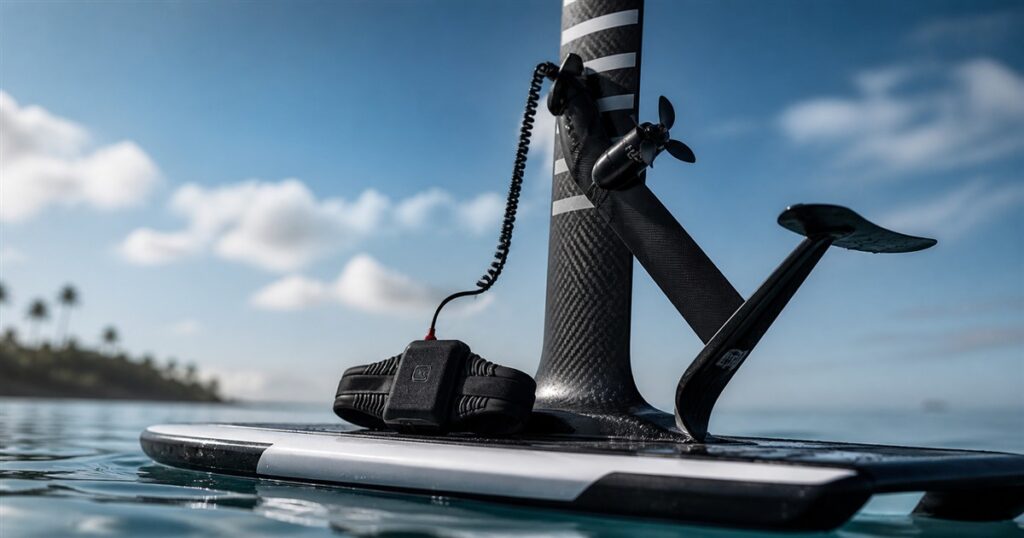 Foildash electric hydrofoil assist mounted on a hydrofoil board