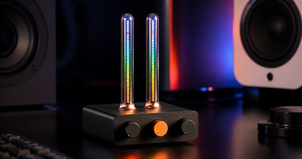 Fosi Audio AH-01A music rhythm visualizer on a desktop audio setup