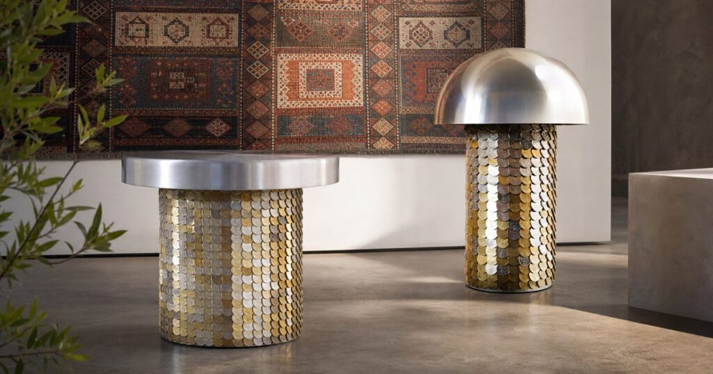 Studio Majnoona FRATA coin-clad side table and lamp in a refined interior