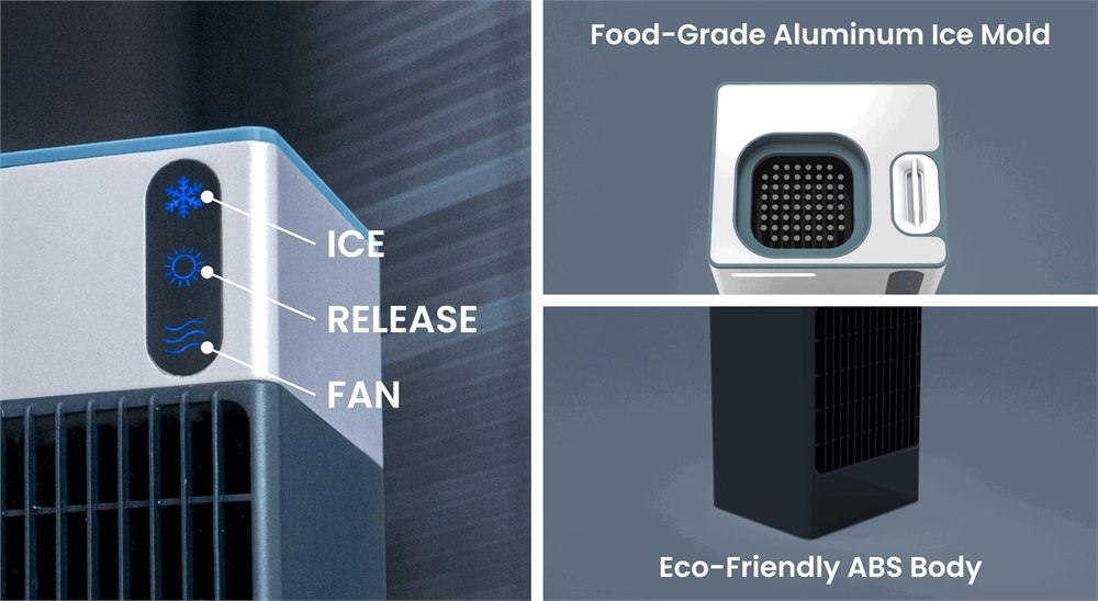 FROZUO F1 controls, ice release fan, and aluminum ice mold details