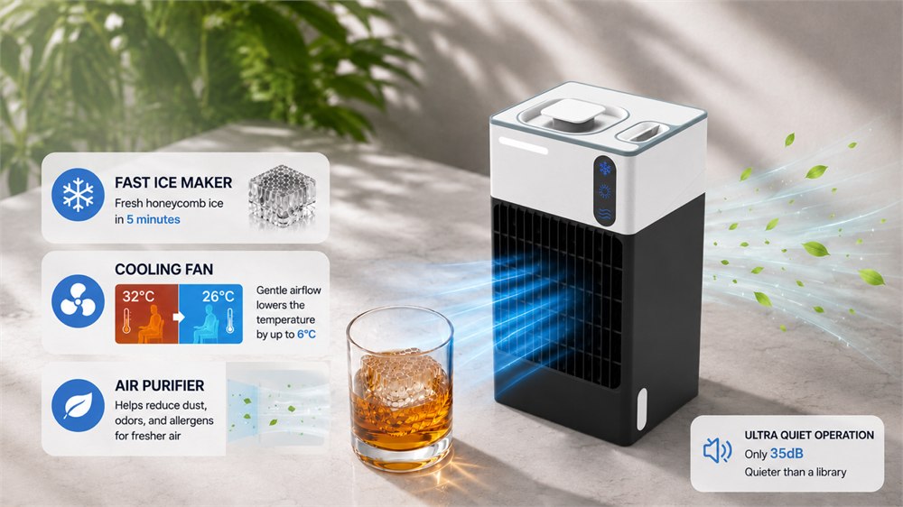 FROZUO F1 feature overview showing honeycomb ice and cooling airflow