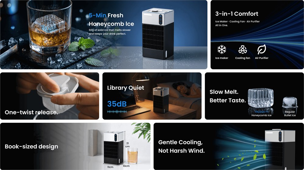 FROZUO F1 feature panels for honeycomb ice, one-twist release, and cooling modes