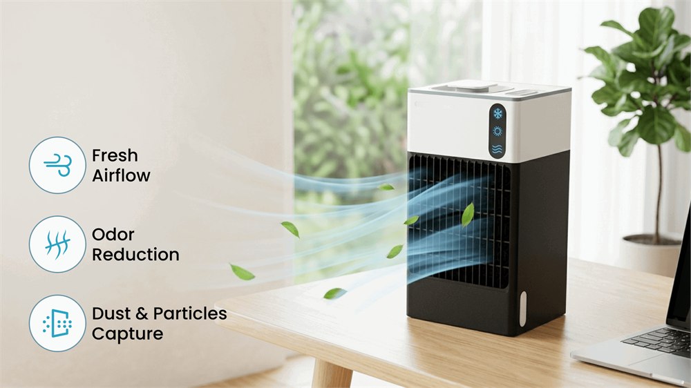 FROZUO F1 fresh airflow mode illustrated on a tabletop