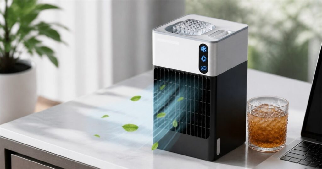 FROZUO F1 mini ice maker and cooling fan on a desk with a cold drink