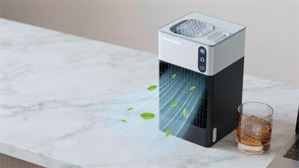 FROZUO F1 compact mini ice maker and cooling fan beside a drink