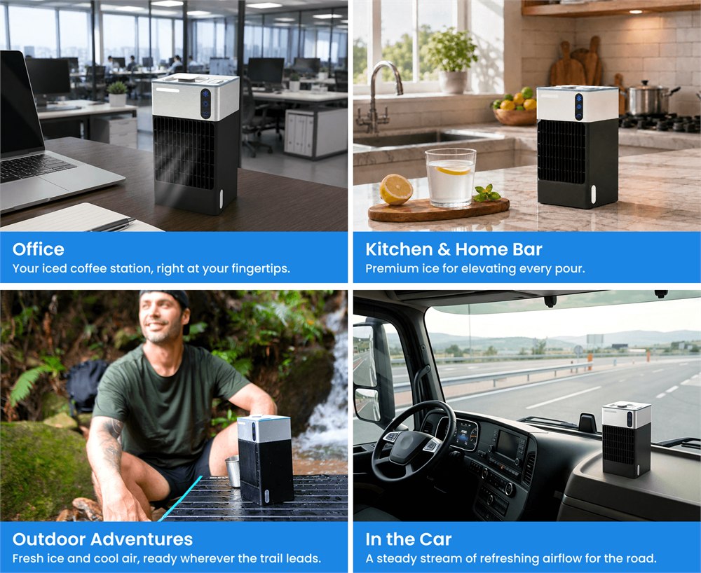 FROZUO F1 shown for office, kitchen, outdoor, and car-adjacent use cases