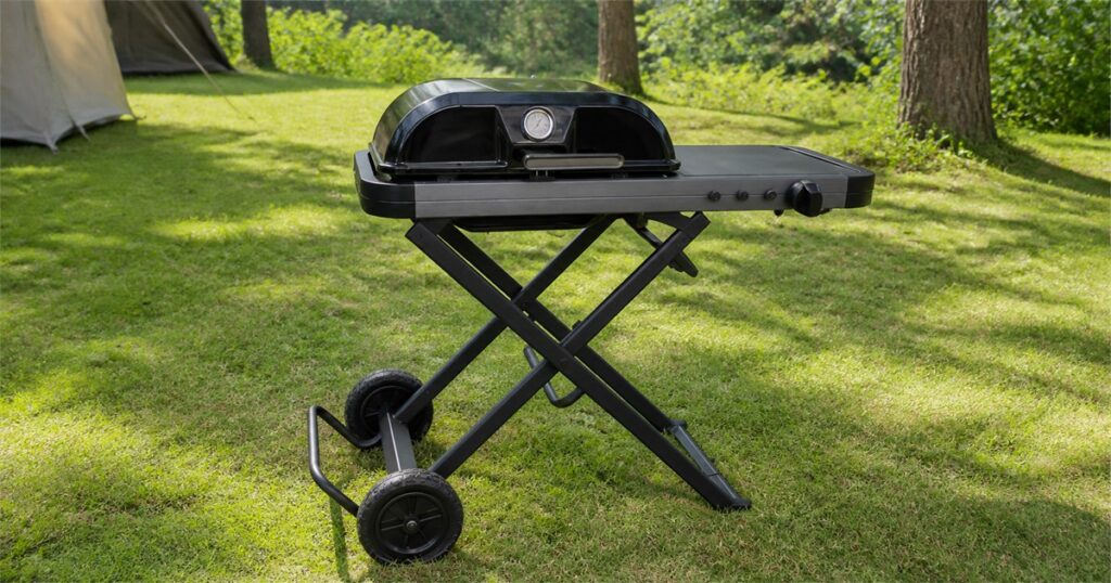 FYREL Fold & Go rolling outdoor kitchen in a campsite setting.