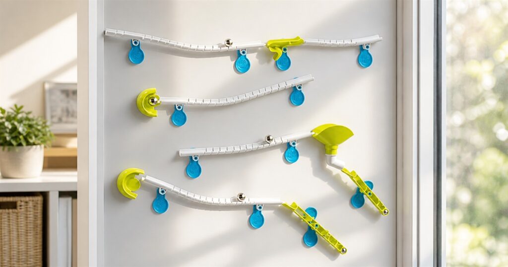 Gecko Run vertical marble run tracks attached to a smooth wall