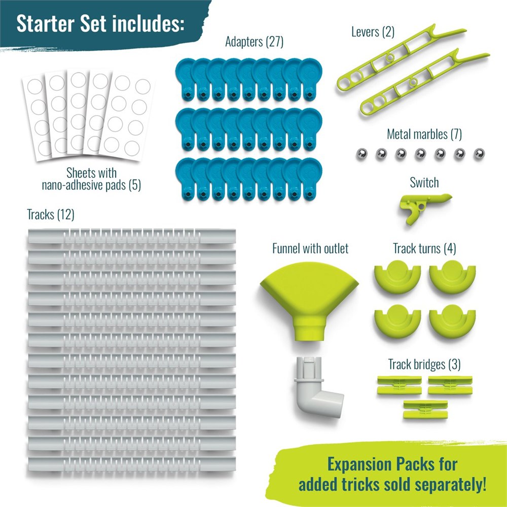 Gecko Run starter set components including tracks, pads, marbles, and funnel