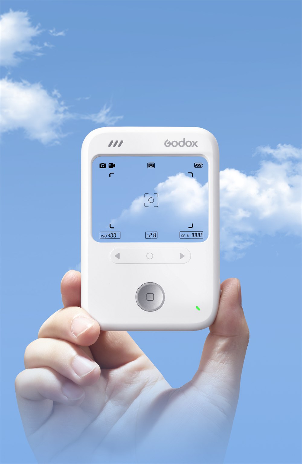 Godox C100 transparent viewfinder camera shown at hand scale