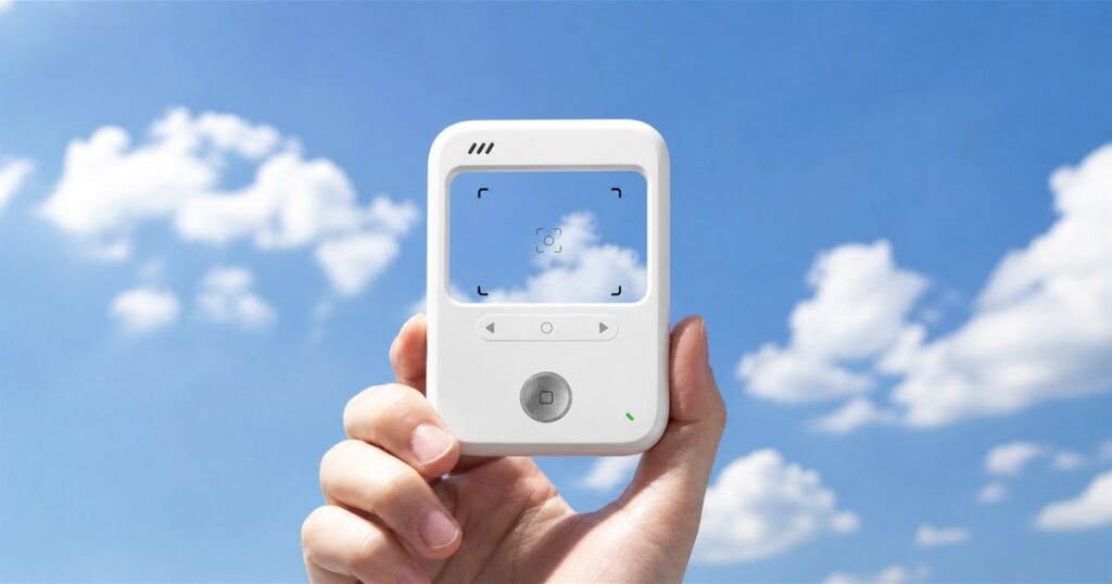 Godox C100 mini camera held up to the sky showing its transparent viewfinder