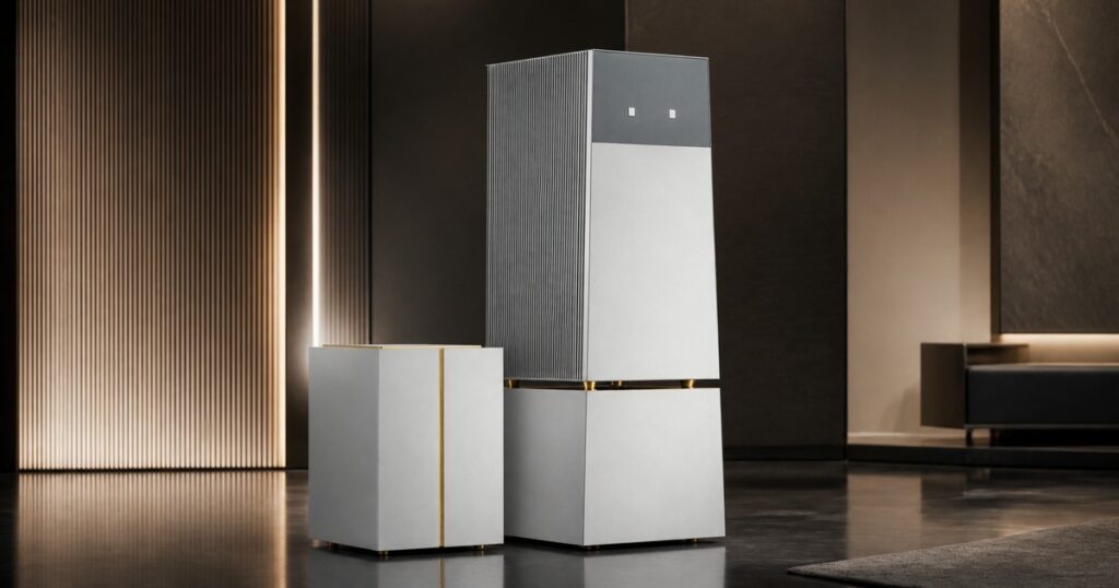 Goldmund TELOS 9800 mono power amplifier in a luxury listening room