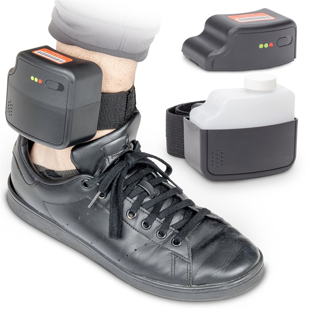 GoPong ankle monitor flask worn around an ankle with removable bottle beside it