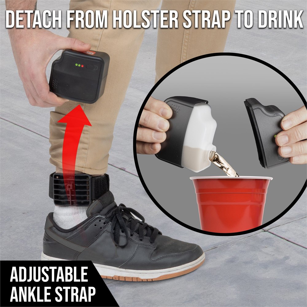 GoPong ankle monitor flask with black strap and white removable bottle insert