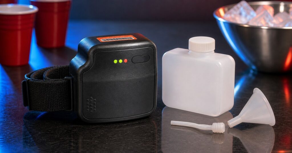 GoPong ankle monitor flask with removable bottle and funnel on a party table