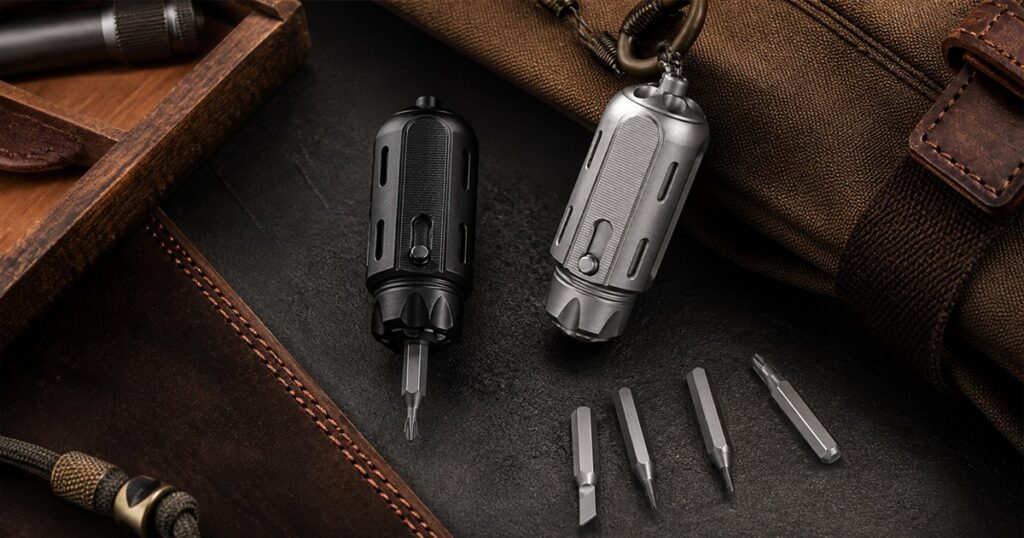 TiMate GripNGo Vault titanium keyring tool with driver bits on an EDC work surface